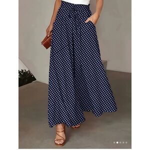 Women M‎ Polka Dot Elastic Waist Wide Leg Pants Office Casual Summer Boho Dressy